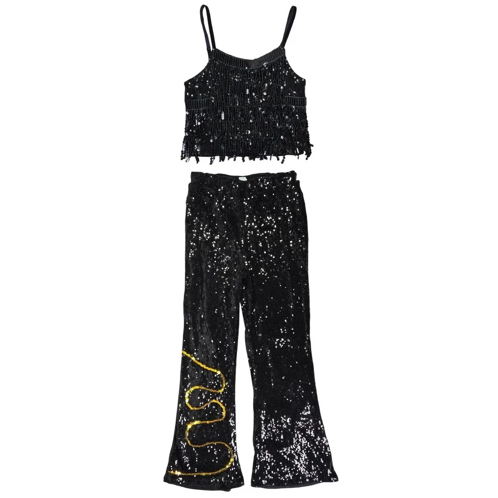 Spirit Halloween Kids‎ Pop Star Costume Black Sequin Fringe Top Flare Pants M